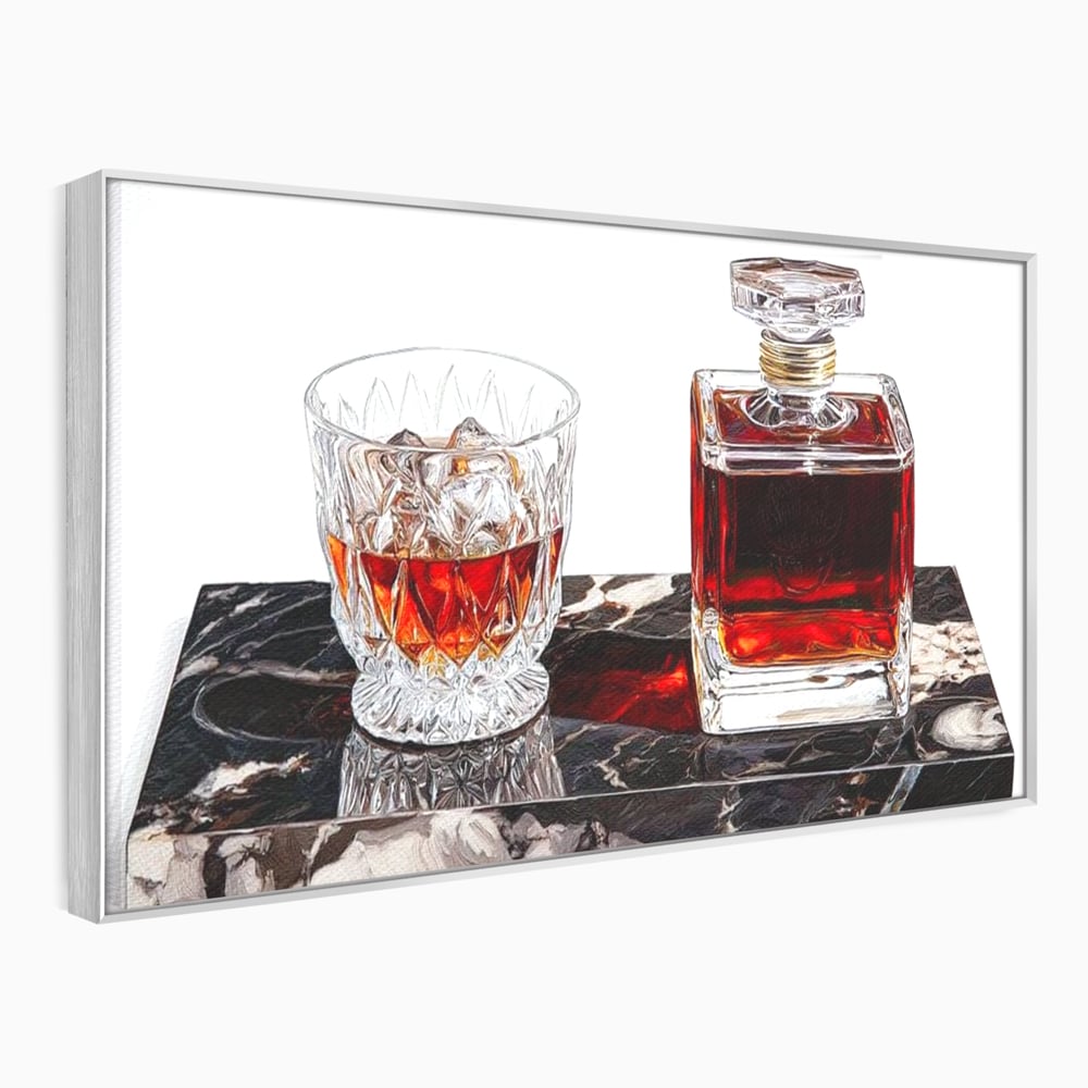 Tablou canvas cu tablou canvas cu pahar de whisky si carafa, in rama de aluminiu argintiu